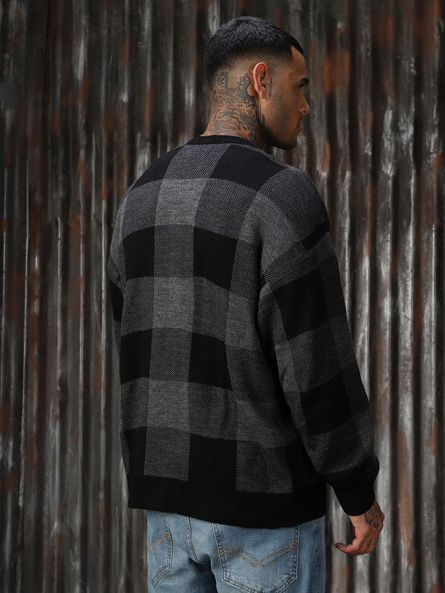 High Star Men's Checked Oversized Fit Cardigan Sweater | Grey - XL
