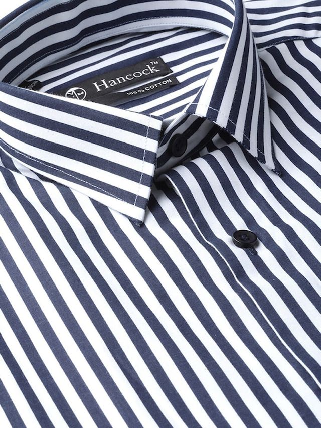 Hancock Men's Striped Spread Collar Long Sleeves Pure Cotton Formal Shirt - White & Navy | 42