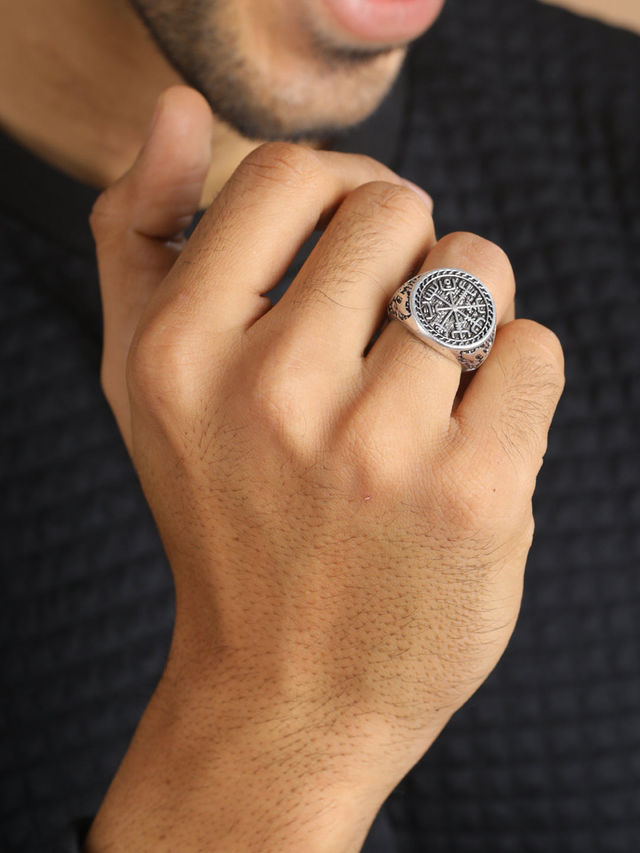 Bold By Priyaasi Trishul Chakra Silver-Plated Ring For Men