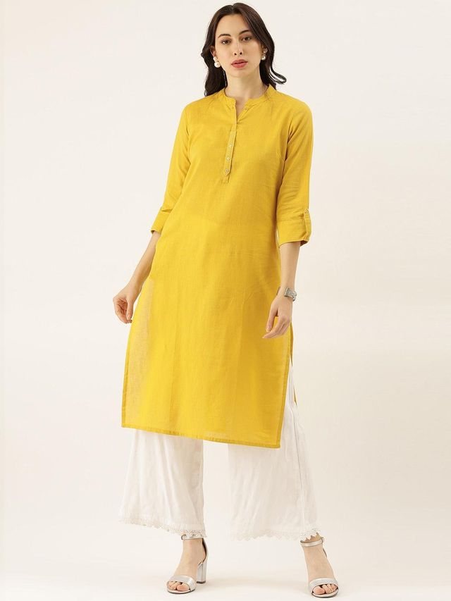 Divena women's Yellow Solid Straight Roll up Sleeve Kurti DK0565 | XL