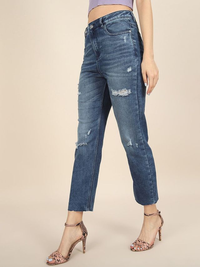 Freehand Women's Distress Straight Fit Jeans | Blue - 30