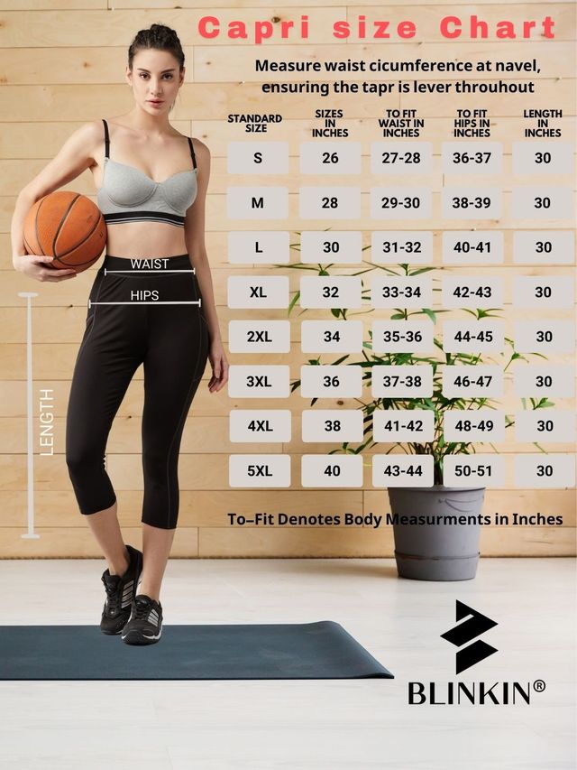 Blinkin Women's 3/4 Gym Tights - Black | Grey | With Side Pockets | Perfect For Yoga | L