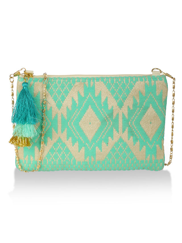 Priyaasi Women's Fabric Zipper Pouch | Gold and Green