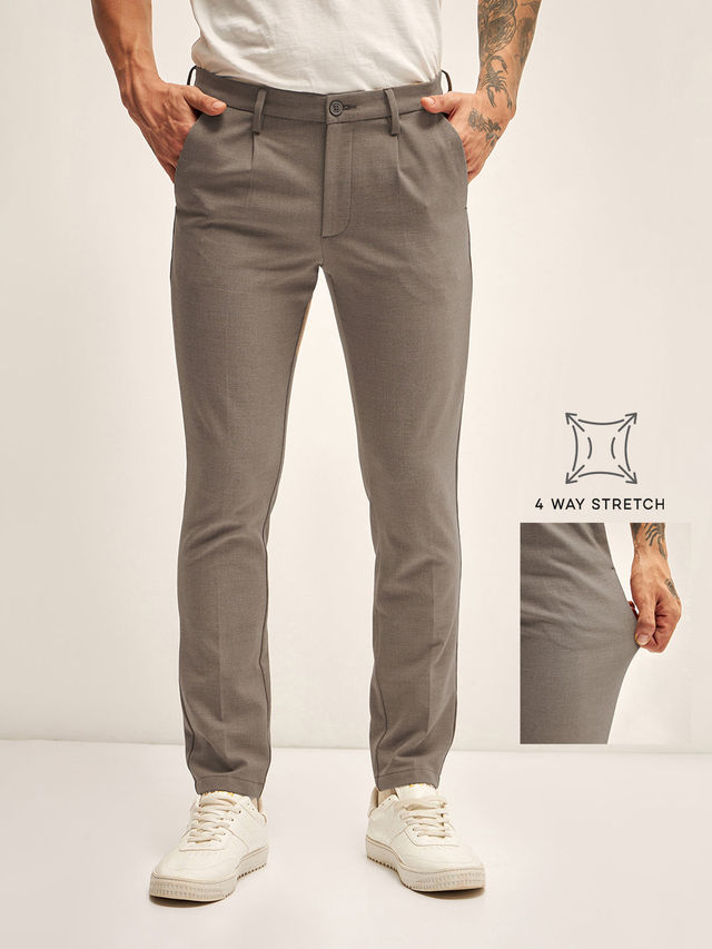 The Bear House Men 4 Way Stretch Solid Formal Trouser - Ferna | Beige | 38
