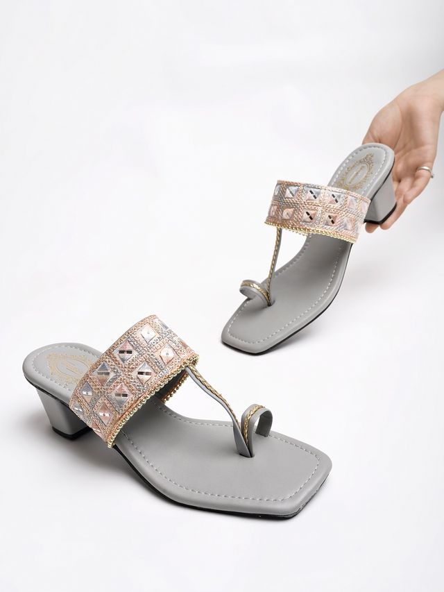 Shoetopia Classic Grey Kolhapuri Heels For Women | UK 6