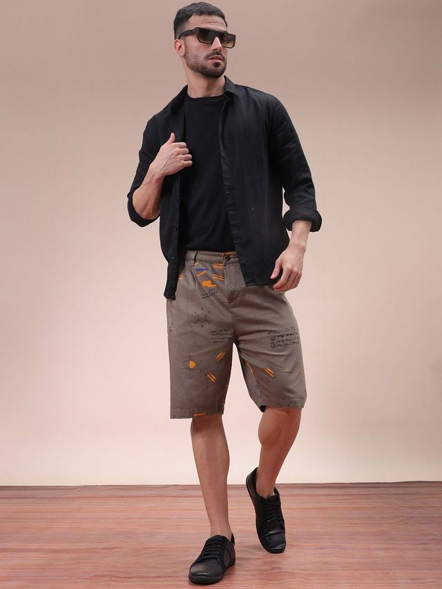 The Indian Garage Co Men s | Relaxed Fit Face Print Casual Pleated Shorts | Vetiver | 30
