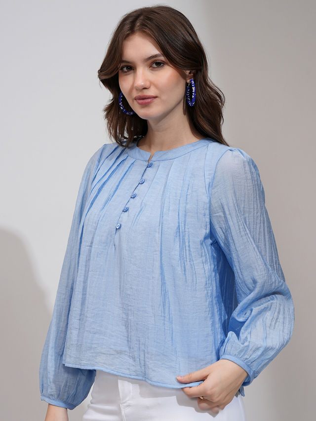 Buy Tokyo Talkies Women's Solid Bishop Sleeve Pleated Top | Blue