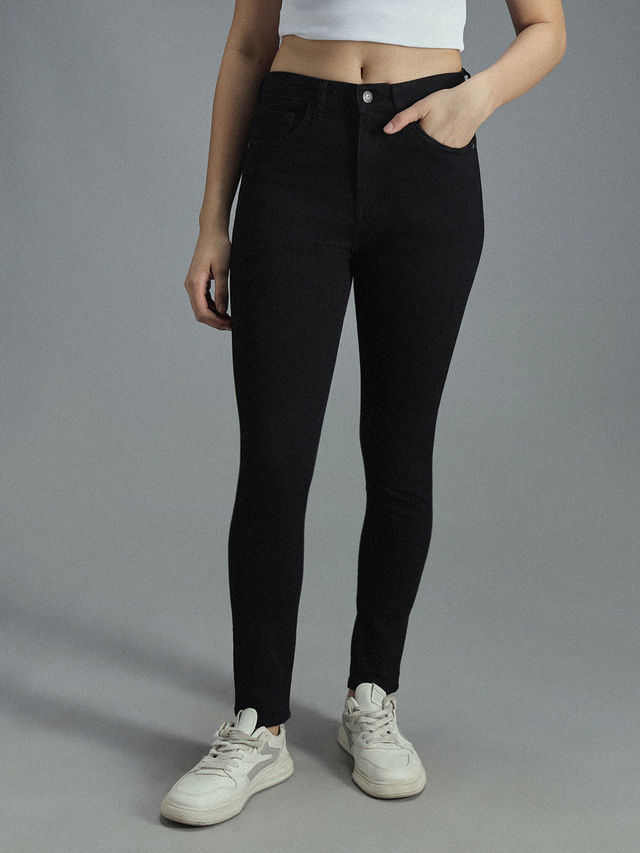 High Star Women's Skinny Fit High-Rise Clean Look Stretchable Jeans | Black - 28