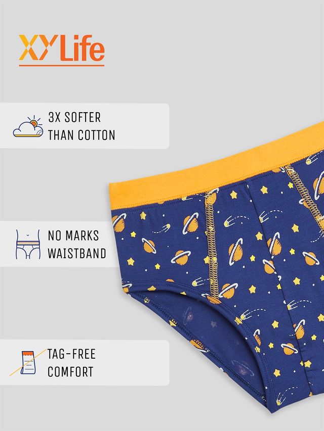 XY Life Briefs for Boys, Tencel Modal, Antimicrobial - Saturn+Green Stars | 9-10Y| Pack Of 2