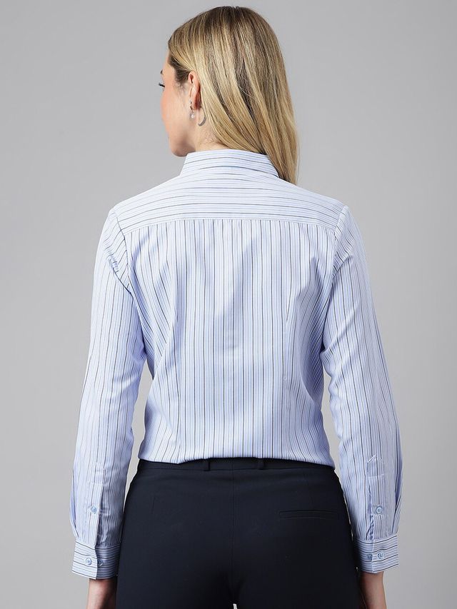 English Navy Women's Striped Regular Fit Cotton Blend Formal Shirt | Blue & White - M