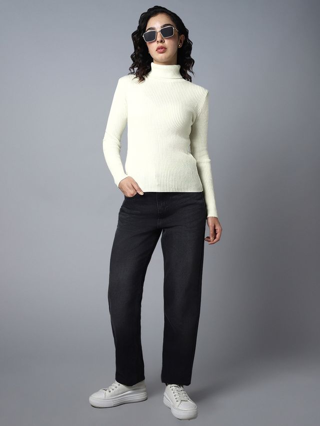 High Star Women's Ribbed Turtle Neck Long Sleeves Acrylic Pullover | White - S