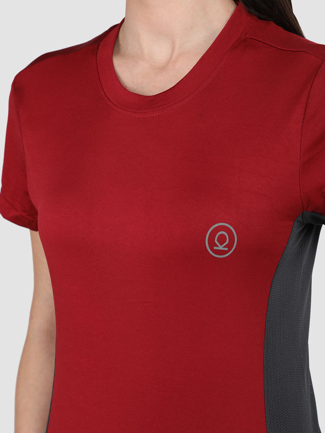 Chkokko Women's Round Neck Regular Fit Half Sleeves Gym T-shirt | Maroon - L