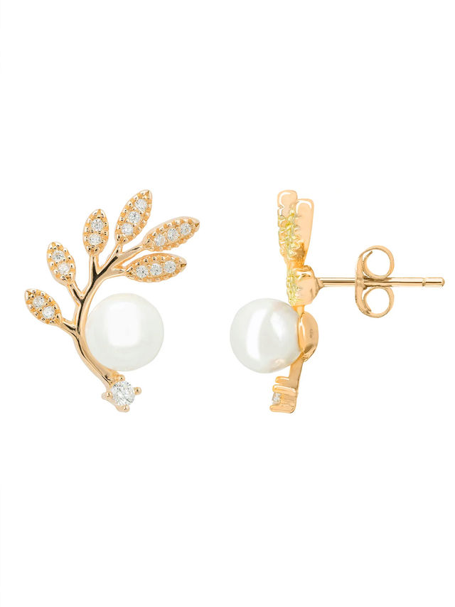 Yellow Chimes Gold Tone Leaflet Designed Pearl Studded Earrings for Women