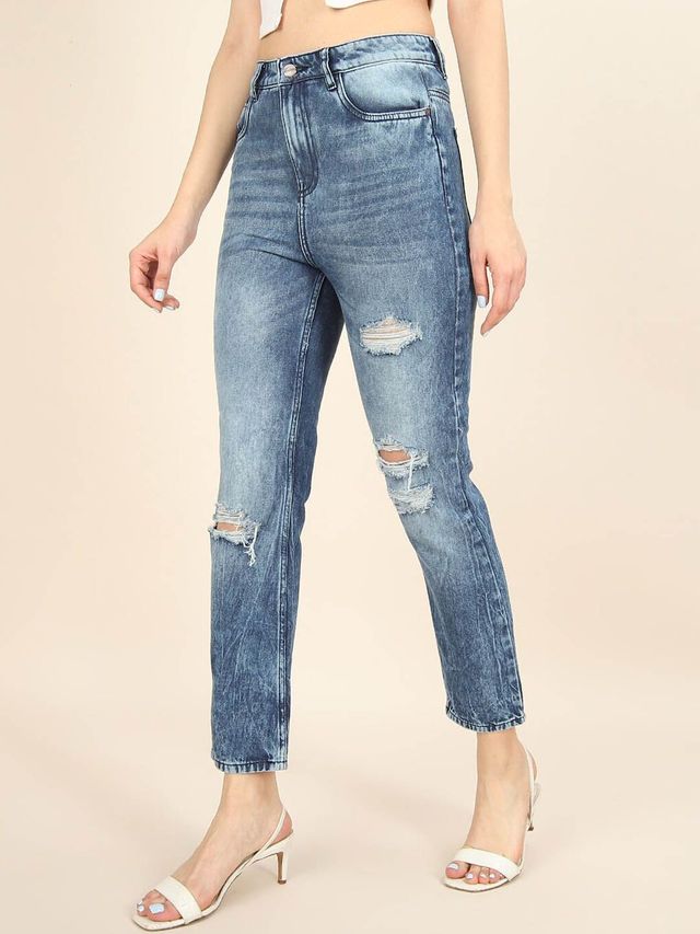 Freehand Women's Distress Straight Fit Jeans | Blue - 30