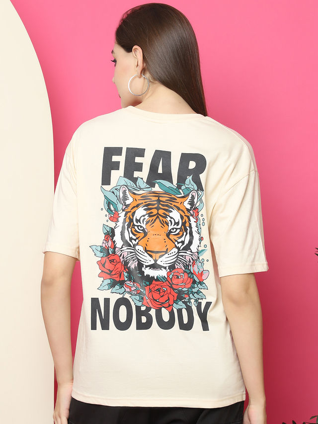 Fabflee Women Oversize Cotton Printed Round Neck Tshirt | Beige | FAB-OS-526 | M
