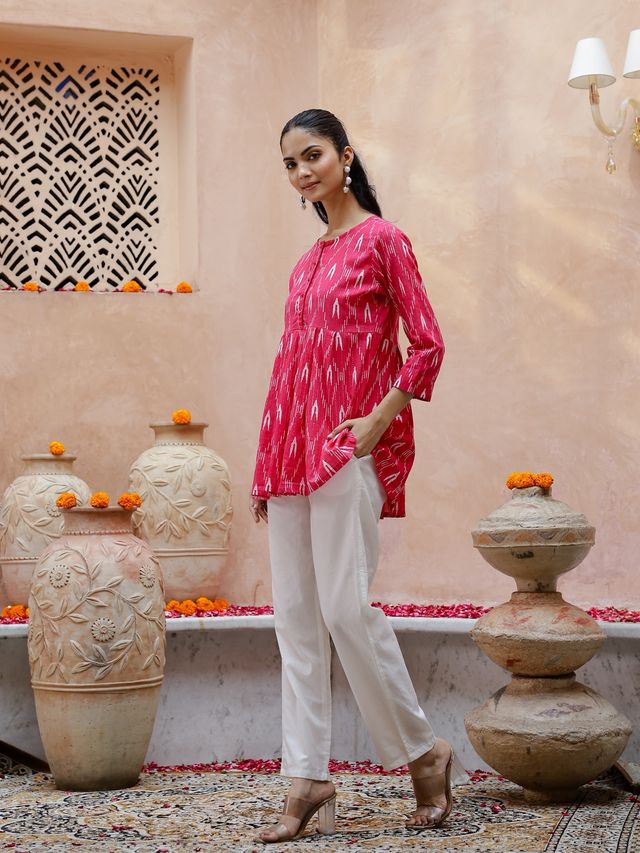 Rangdeep Geometric Printed Pure Cotton Kurti with Trouser for Women s | Pink | XXL