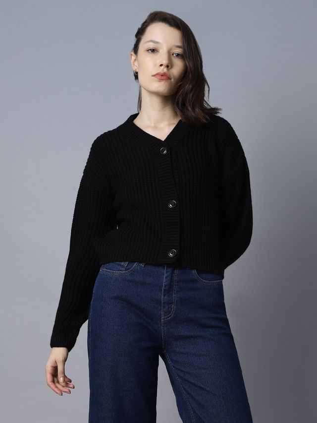 High Star Women's Ribbed Acrylic Cardigan | Black - L