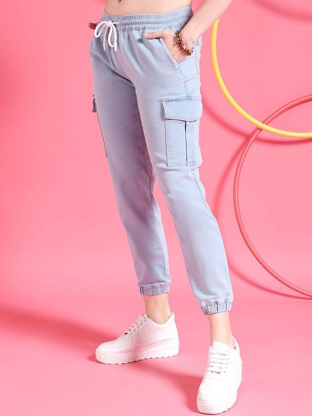 Freehand Women's Mid-Rise Light Washed Joggers With Elasticated Drawstring At Waist | Blue - 30
