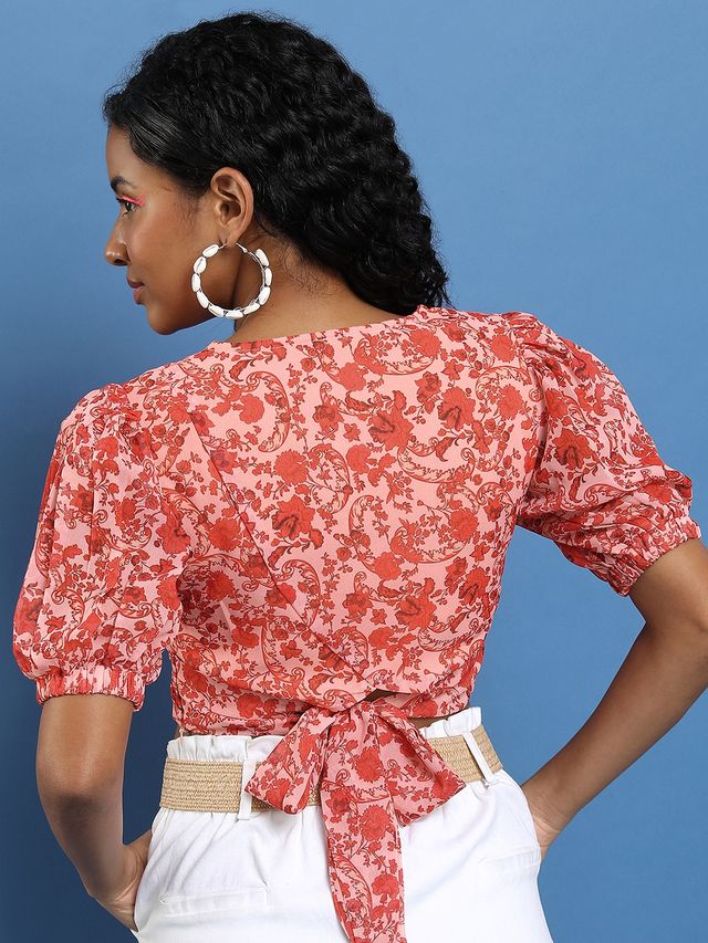 Ketch Women's Floral Printed V-Neck Puff Sleeves Tie-Up Blouson Crop Top | Multicolor - L