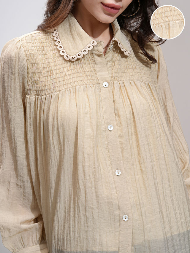Buy Tokyo Talkies Women's Solid Smocked Shirt Top | Khaki - L