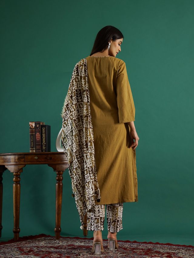 Rangdeep Floral Printed Thread Work Kurta with Trouser & Dupatta for Women s | Mustard | L