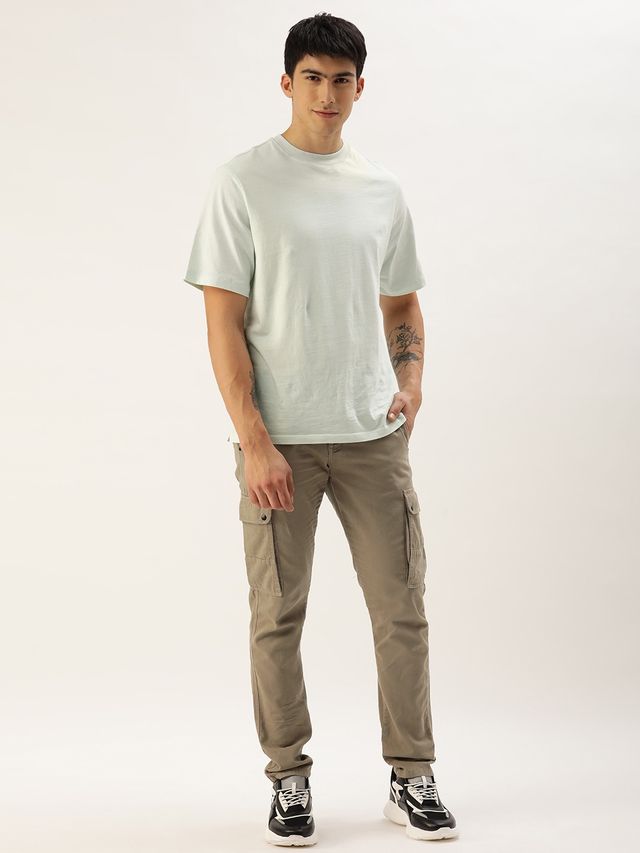 Ivoc Men s Solid Slim Fit Beige Cargos Trousers | 28