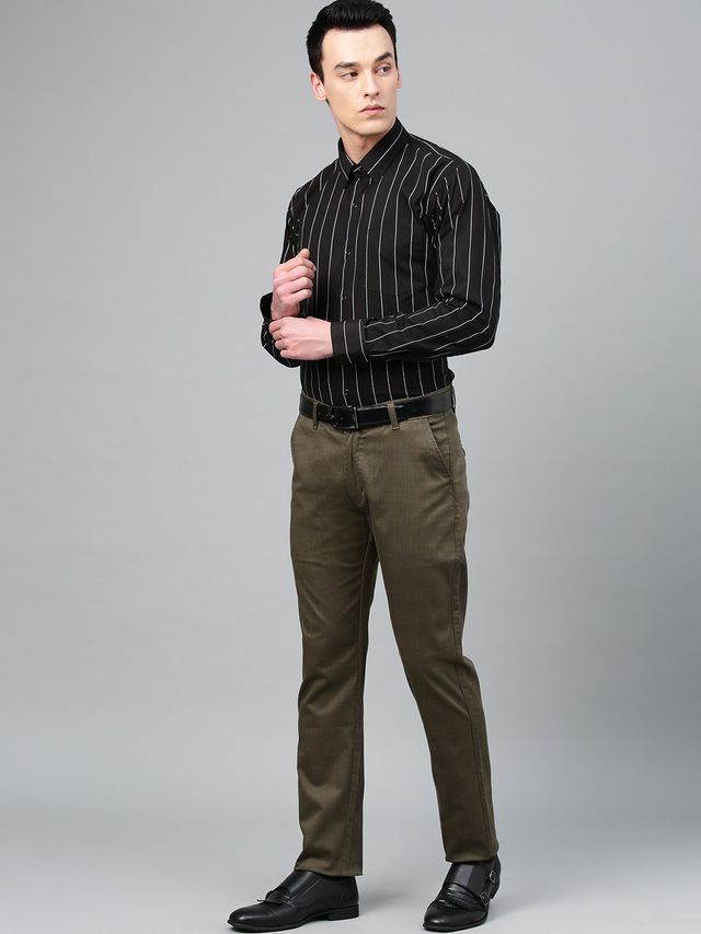 Hancock Men Black Striped Pure Cotton Slim Fit Formal Shirt-44