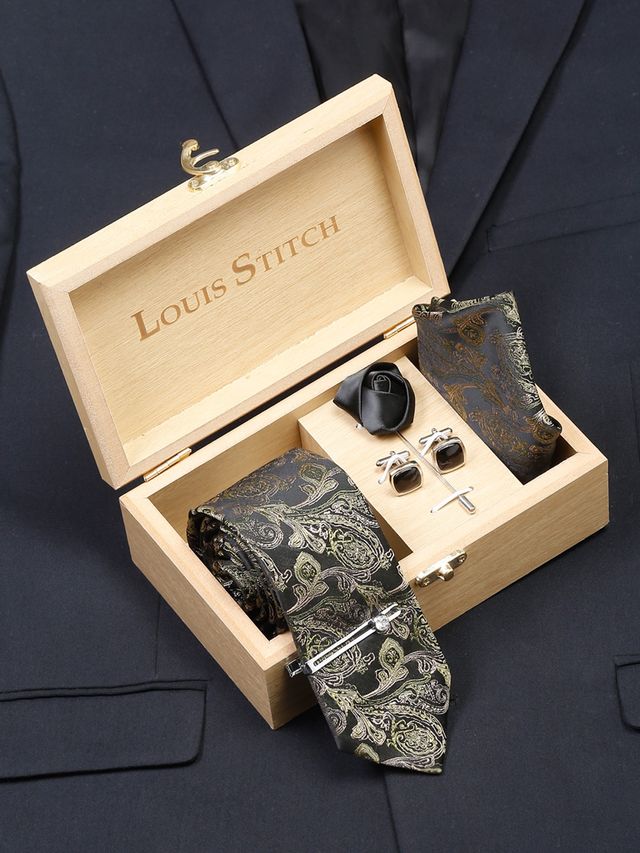 Louis Stitch Men's Floral Silk Necktie Set | Green - One Size