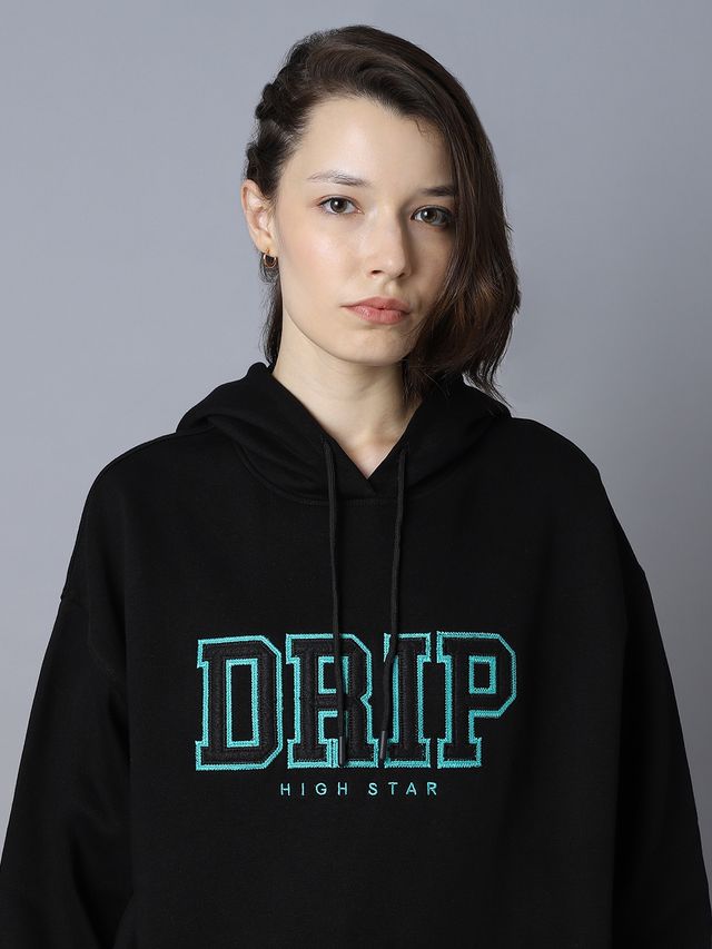 High Star Women's Typography Printed Hooded Pullover Sweatshirt | Black - S
