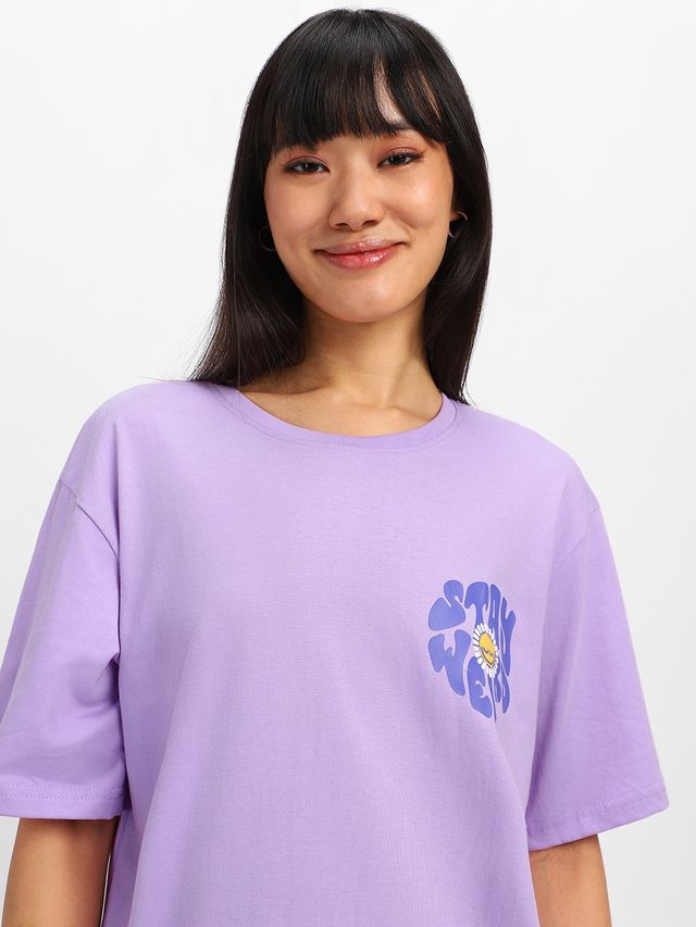 Juneberry Women T-shirt - Purple | Pocket Print, Oversized Fit | S