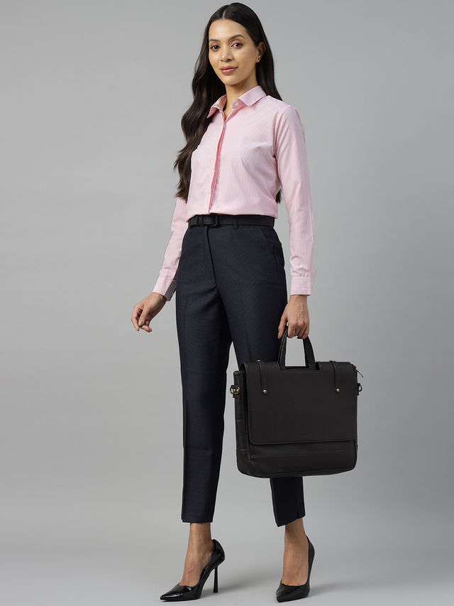 English Navy Women's Pin Striped Regular Fit Cotton Blend Formal Shirt | White & Pink - S