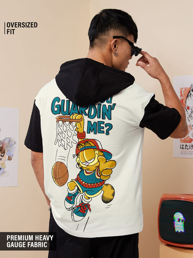 The Souled Store Men's Oversized Garfield- Guarding Me | Hooded T-shirts | MulticolorL