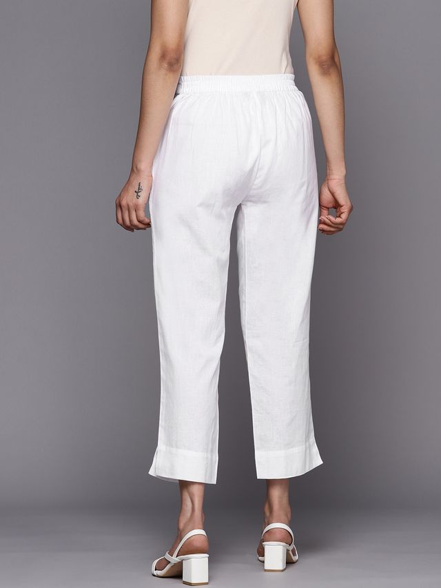 Libas Women White Cotton Side Slit Solid Trousers With Both Side Pockets - Pl1401L