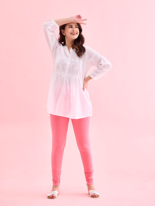 Go Colors Women's Solid Mid Rise Churidar | Light Pink - 2XL