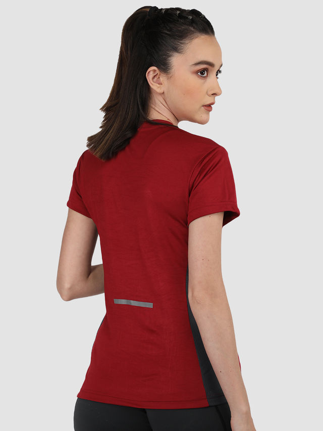 Chkokko Women's Round Neck Regular Fit Half Sleeves Gym T-shirt | Maroon - L