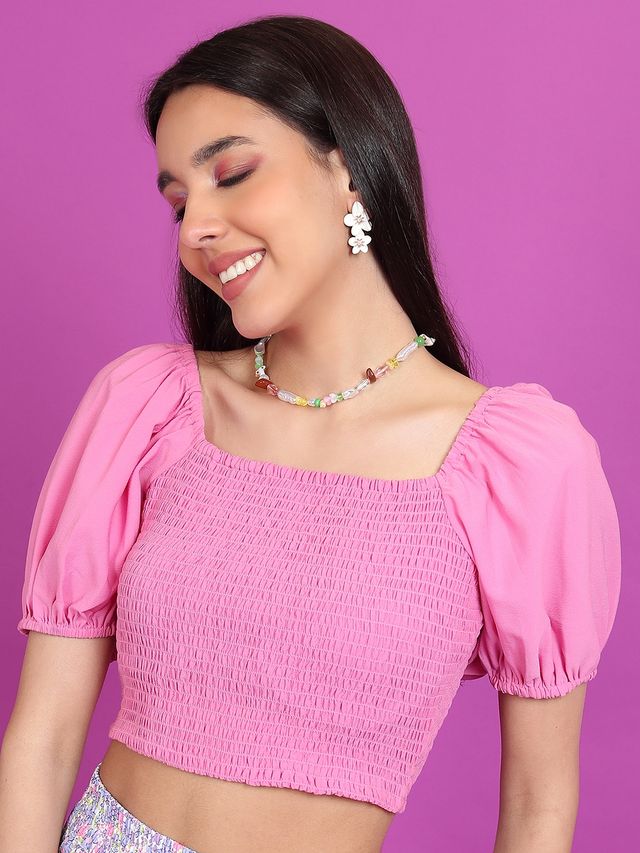 Ketch Women's Square Neck Puff Sleeve Smocked Crop Top | Pink - S