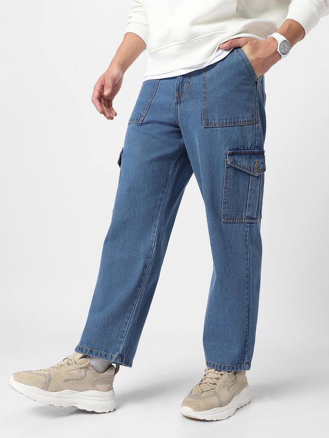 Urbano Fashion Men's Cargo Jeans Loose Baggy Fit 6 Pockets Non-Stretchable | Light Blue | 36
