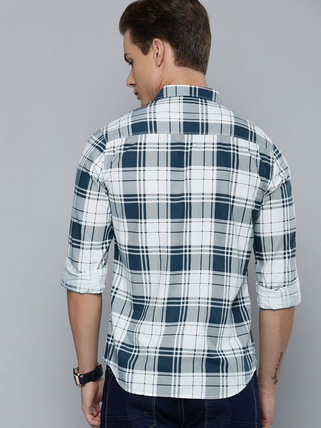 The Indian Garage Co Men's Slim Fit Checked Casual Shirt | White - S