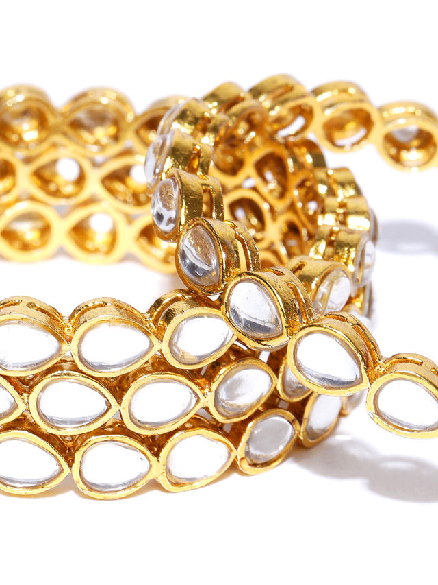 Priyaasi Set Of 4 Gold-Plated Drop Shaped Kundan Studded Bangles