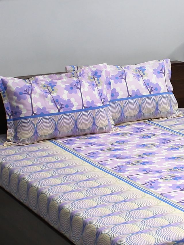 Bombay Dyeing Ivyrose 110 TC 100% Cotton Queen Bedsheet - Purple White | With 2 Pillow Covers
