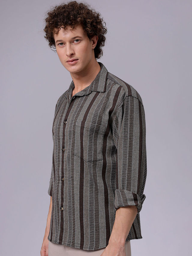 The Indian Garage Co Men's Relaxed Fit Striped Resort Shirt | Khaki - L
