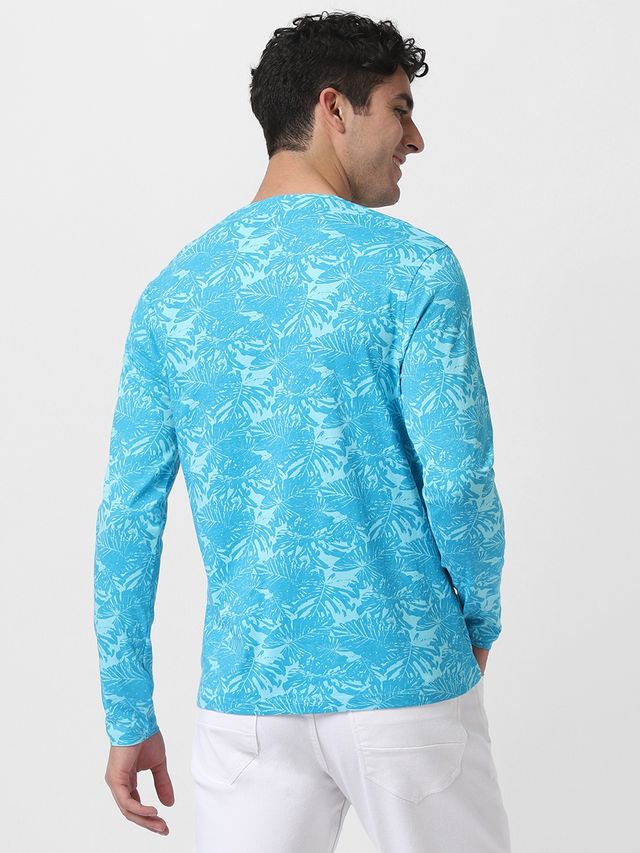 Urbano Fashion Men's Aqua Blue Printed Full Sleeve Slim Fit Cotton T-Shirt-Xl