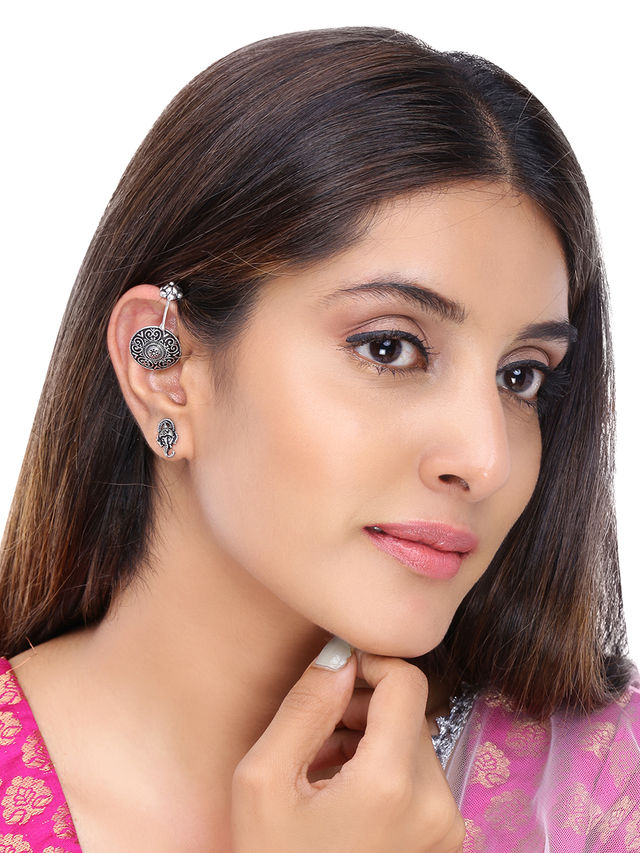 Yellow Chimes Combo of 3 Pairs Silver Oxidised Ear Cuffs