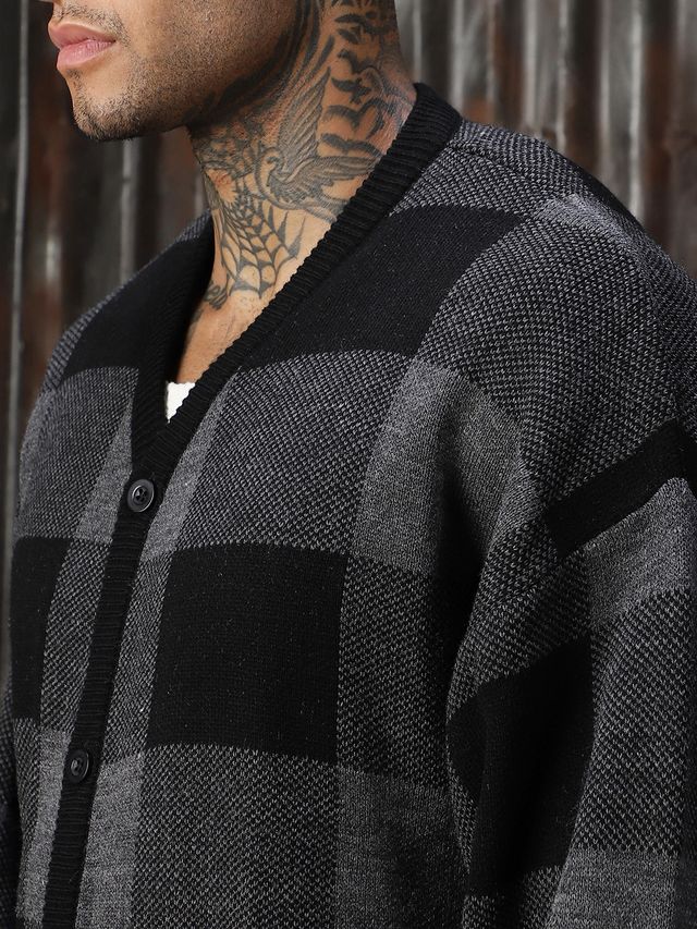 High Star Men's Checked Oversized Fit Cardigan Sweater | Grey - XL