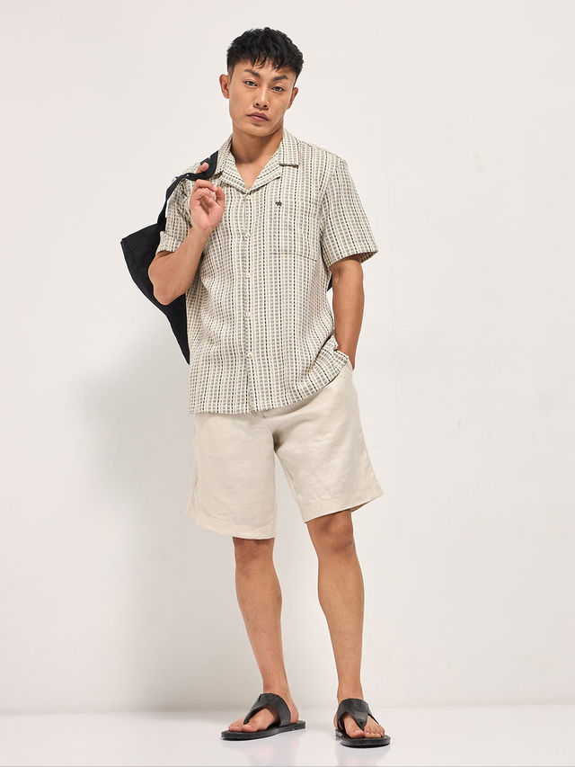 THE BEAR HOUSE Men's Pure Cotton Striped Regular Fit Shirt | TBH-PUNTILO-CR | Cream - L
