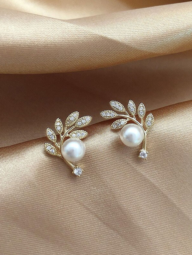 Yellow Chimes Gold Tone Leaflet Designed Pearl Studded Earrings for Women