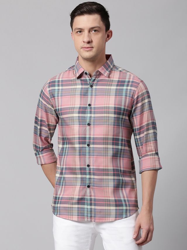 Dennis Lingo Men's Slim Fit Polycotton Casual Shirt | Pink Green | L