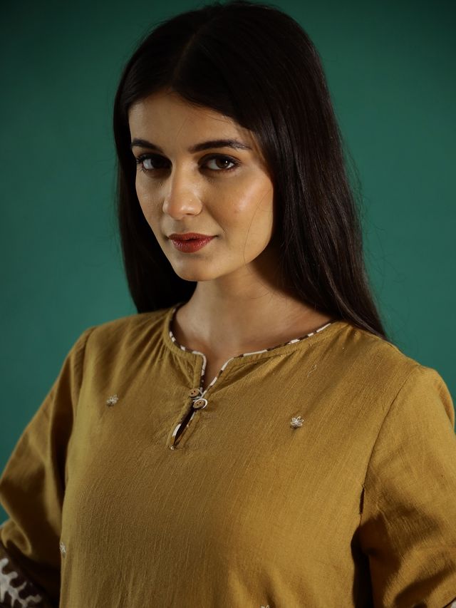 Rangdeep Floral Printed Thread Work Kurta with Trouser & Dupatta for Women s | Mustard | L