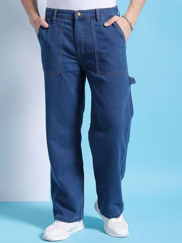 The Indian Garage Co Men's G371 Baggy Fit Solid Street Jeans | Solid Blue | 32