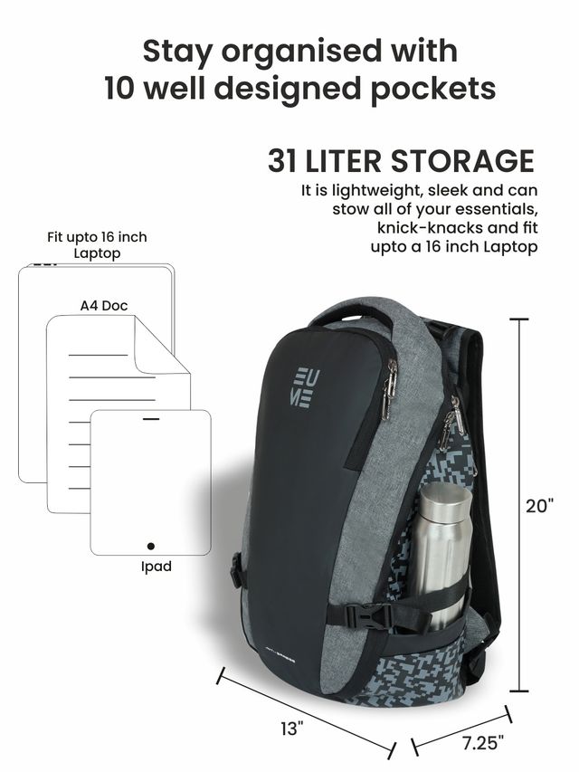 EUME Unisex Solid Nylon 31 L Massager Backpack | Black - 15.6 Inches